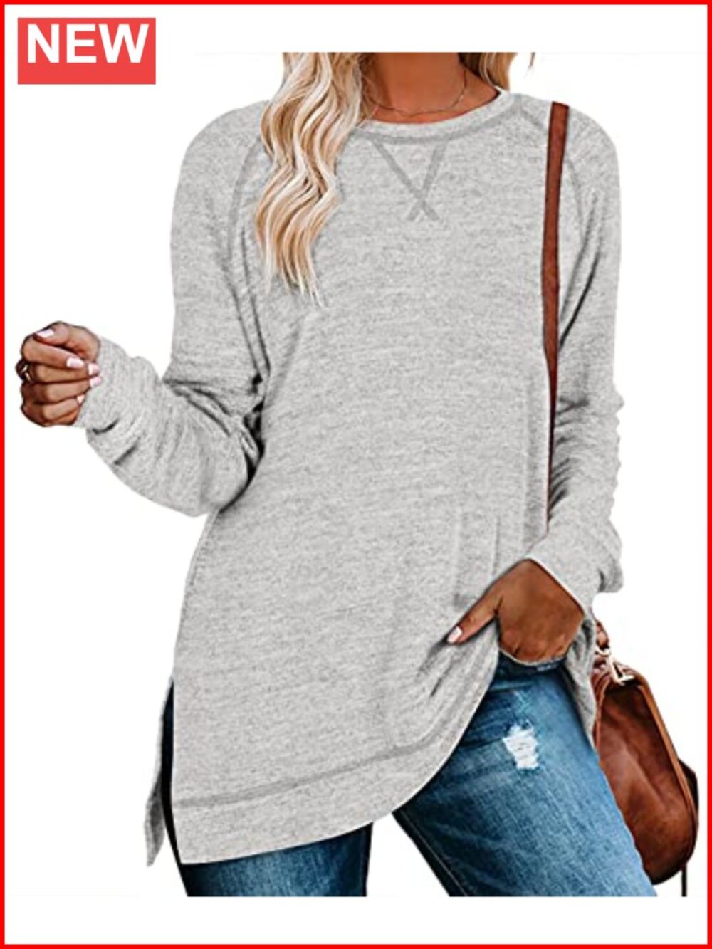 Loose Fit Long Sleeve Tunic Top for Women Crewneck Side Slit Casual Shirt